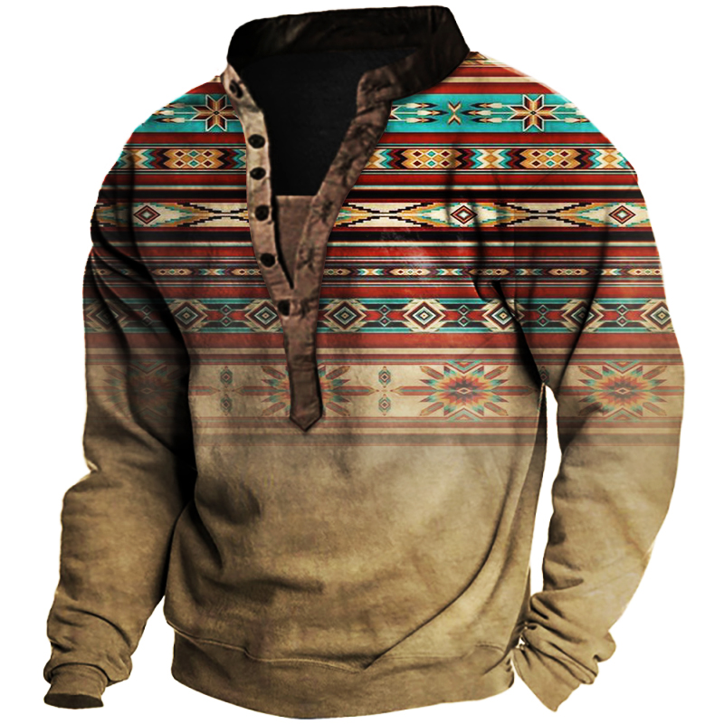 Men's Ethnic Print Henley Collar Sweatshirt