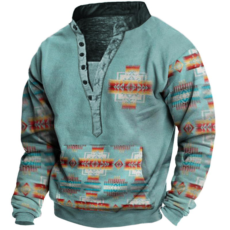 Men's Vintage Ethnic Print Henley Collar Pocket Sweatshirt