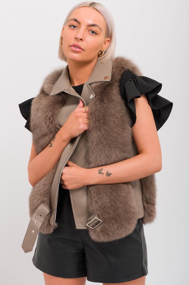 Beige Faux Fur Biker Style Gilet