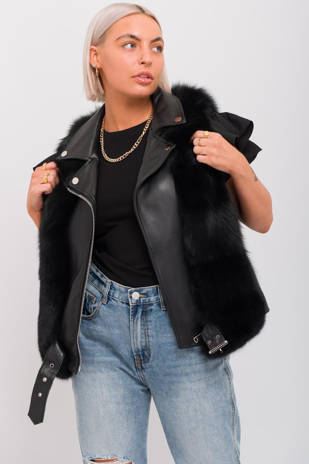 Black Faux Fur Biker Style Gilet