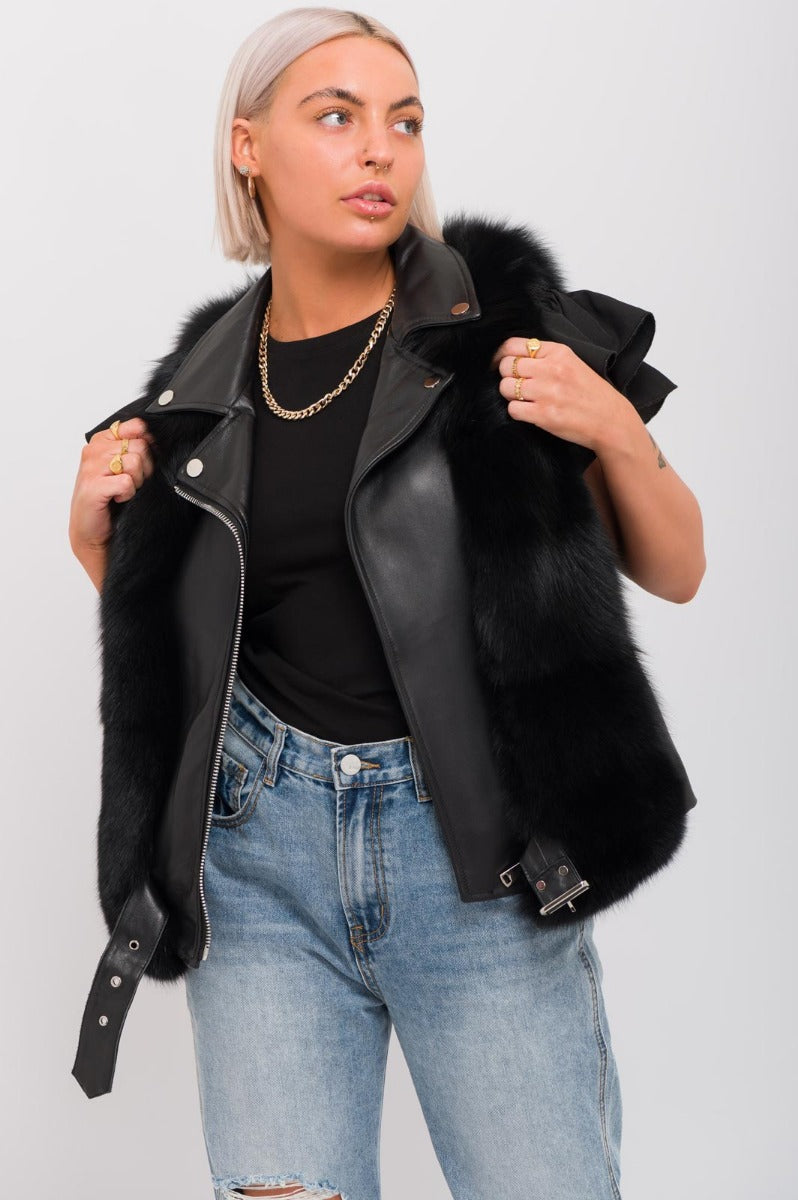 Black Faux Fur Biker Style Gilet