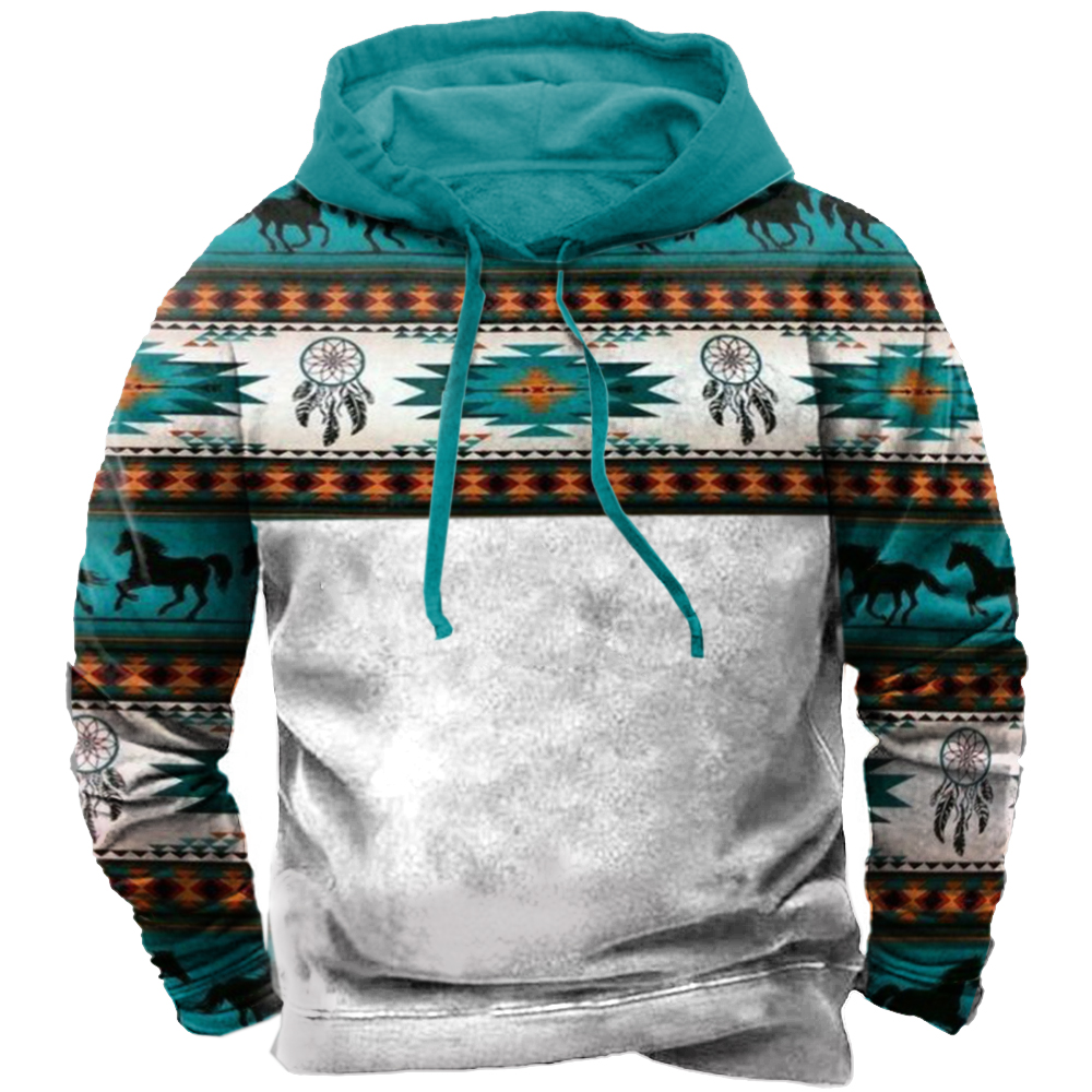 Men's Vintage Western Print Hooded Sweatshirt