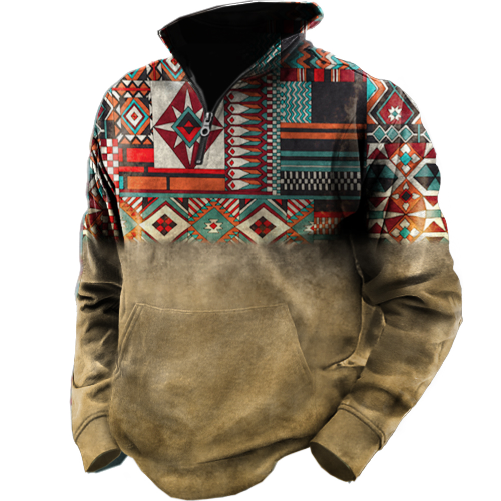 Men's Vintage Ethnic Print Zip Up Collar Pocket Sweatshirt