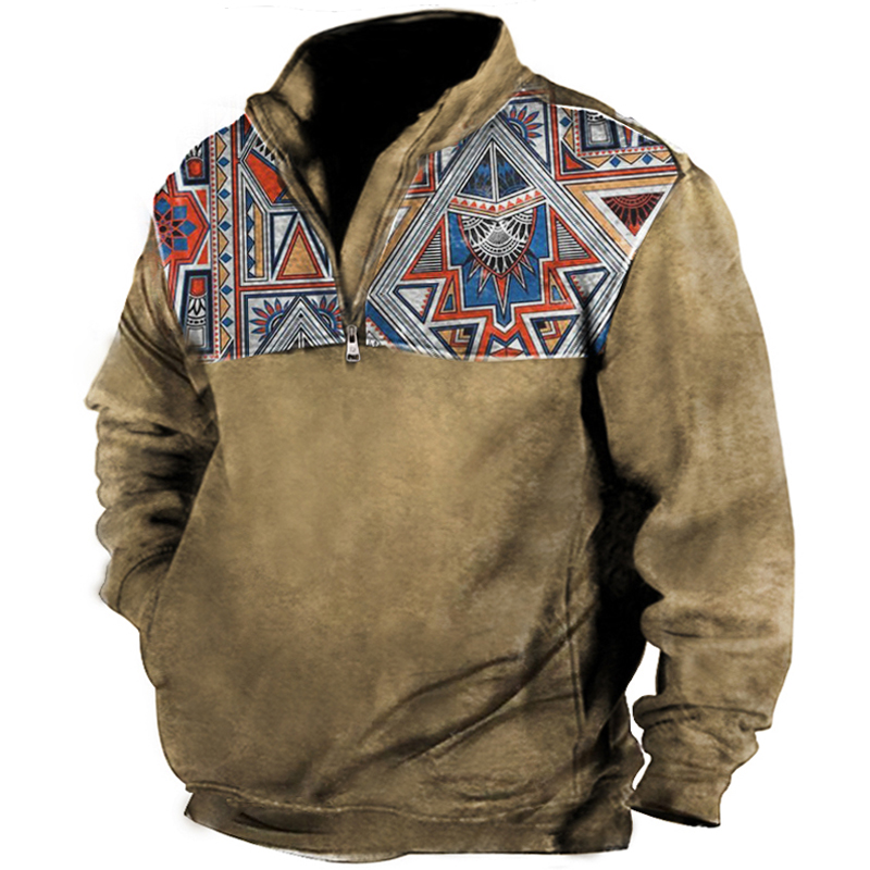 Men's Vintage Ethnic Pattern Print Henley Zip Sweatshirt