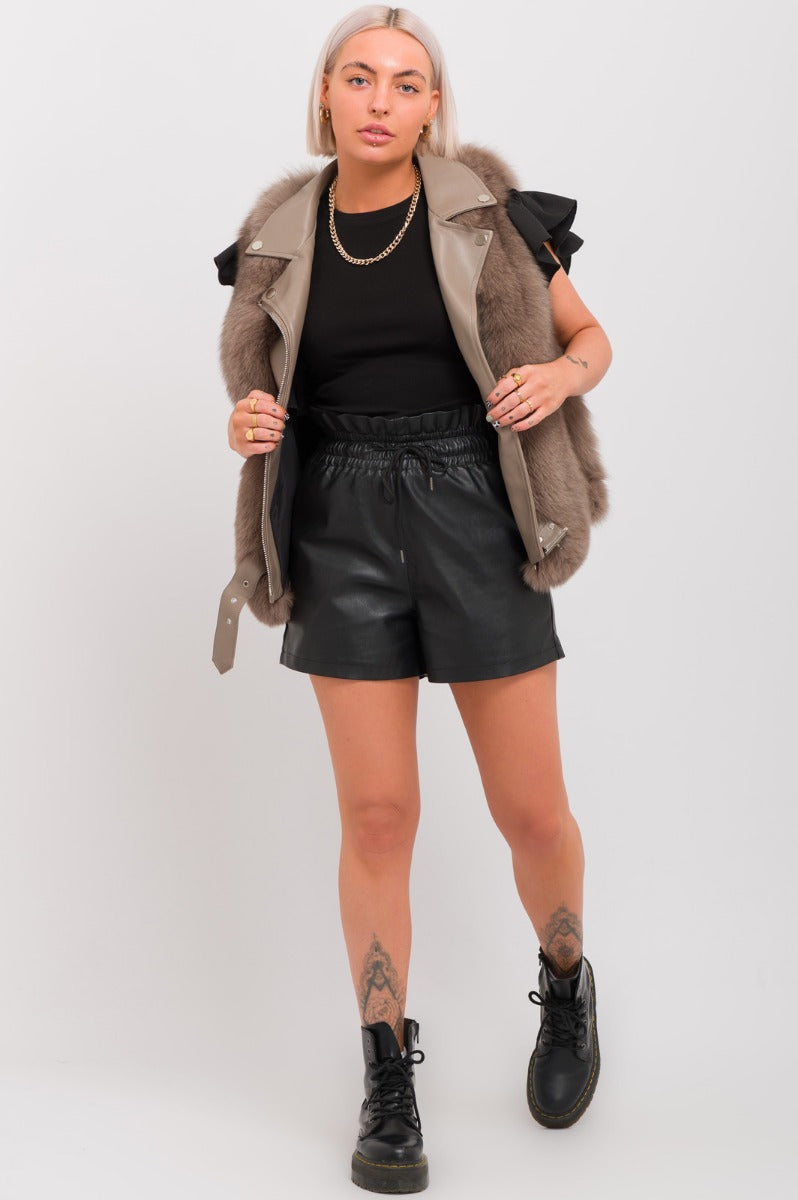 Beige Faux Fur Biker Style Gilet