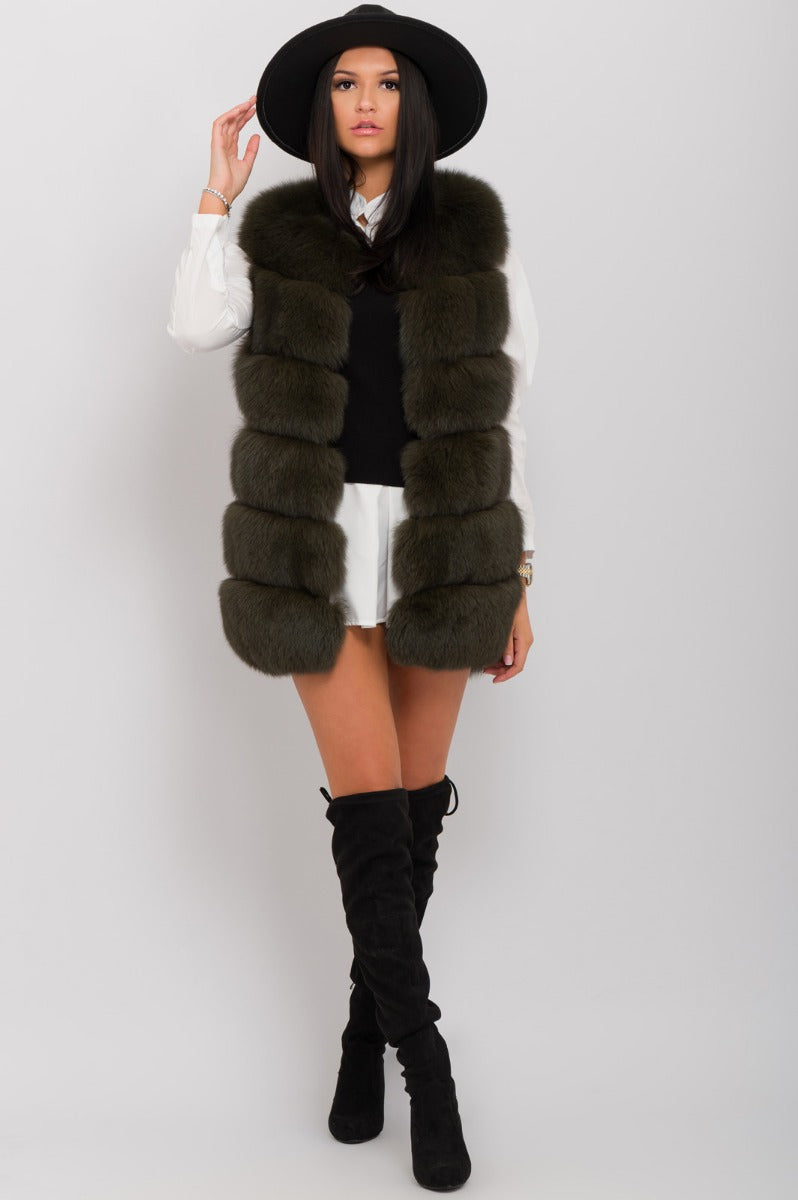 Khaki Faux Fur 6 Row Gilet
