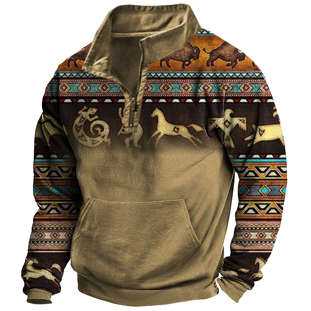 Men's Vintage Western Print Pocket Stand Collar Sweatshirt