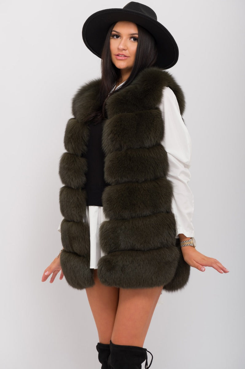 Khaki Faux Fur 6 Row Gilet