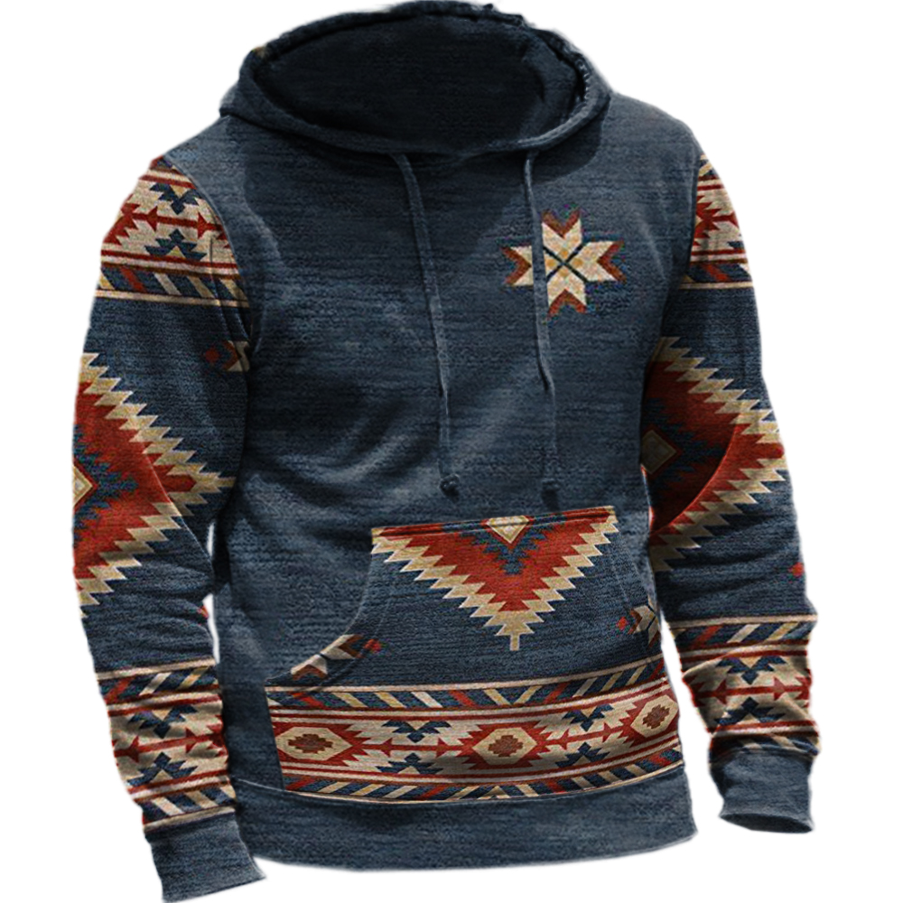 Men's Vintage Ethnic Print Hooded Pocket Sweatshirt