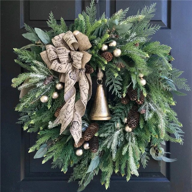 Evergreen Wreath with Gold Bell