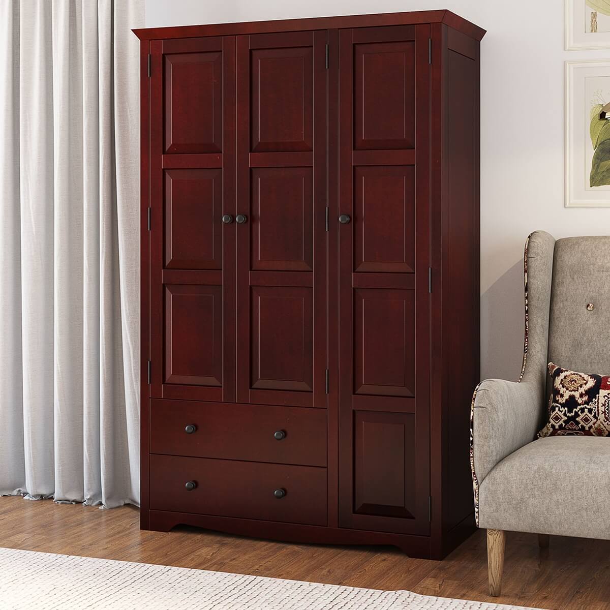 Carina Modern Solid Mahogany Wood Large Clothing Armoire Wardrobe