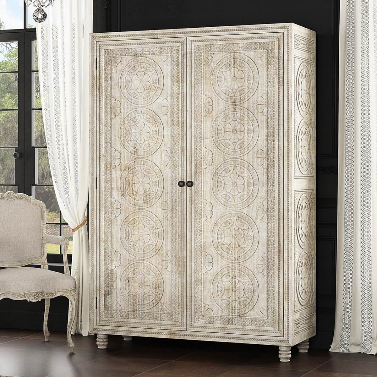 Lahaina Solid Mahogany Wood Hand Carved Moroccan Style Large Armoire